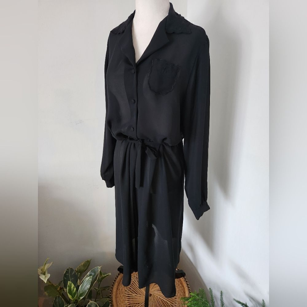 Black Sheer Belted 50s 60s Midi Dress Front Pocket Embroidery Details Minimalist